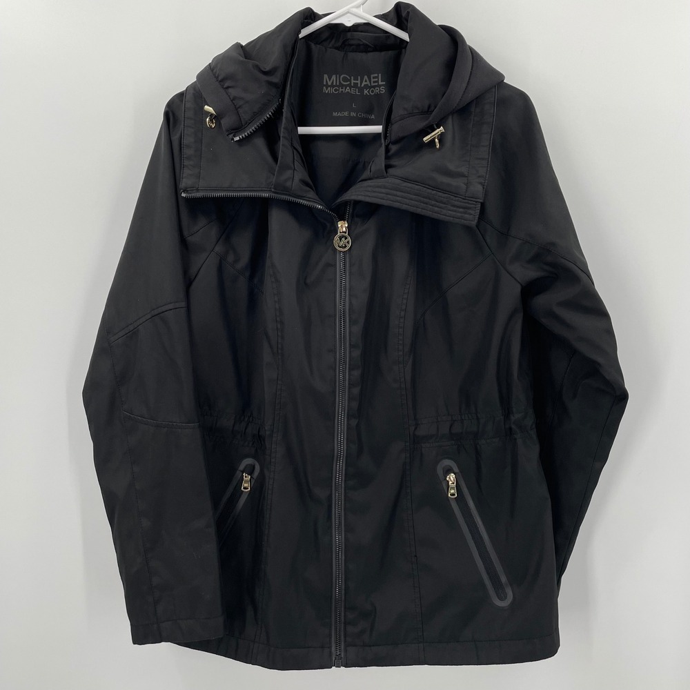 MICHAEL‎ KORS Womens Black Hooded Anorak Rain Jacket Size L Utility *Flaws*READ*
